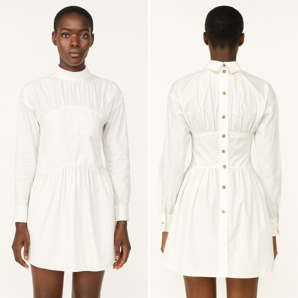 Rejina Pyo White Long Sleeve Ruched Collared Shirt‎ Dress Cotton Size US 4
